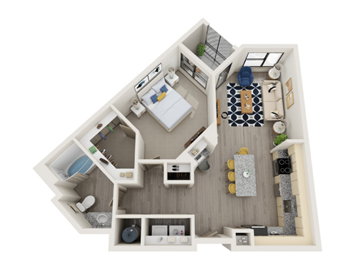 A top-down view of a small apartment with a bedroom, living room, and kitchen.